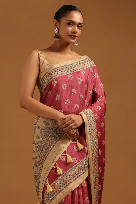 Onion Pink Tussar Botanical Saree With French Knot Details